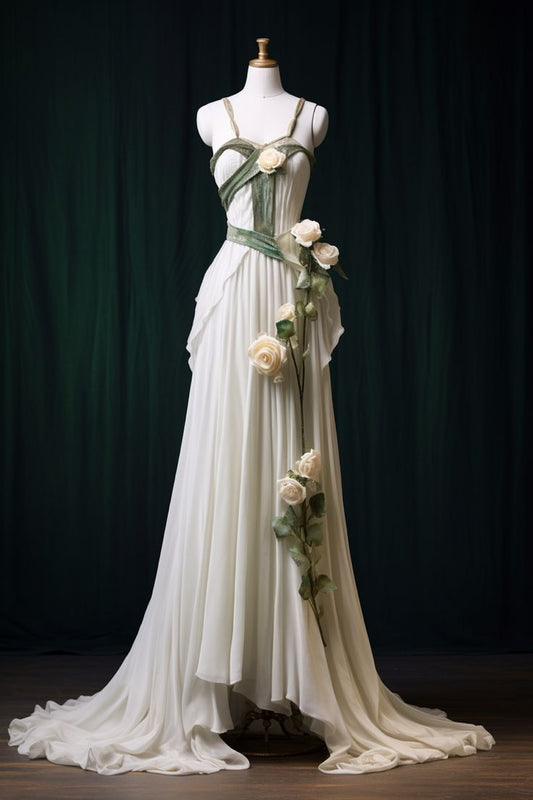 Weißes A-Linie Spaghettiträger Chiffon Langes Ballkleid, Vintage Abendkleid ED01225