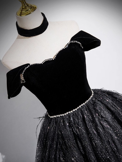 Robe de bal longue noire trapèze en velours, tulle et sequins, épaules dénudées, robe de soirée noire ED01227
