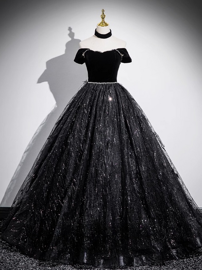 Robe de bal longue noire trapèze en velours, tulle et sequins, épaules dénudées, robe de soirée noire ED01227