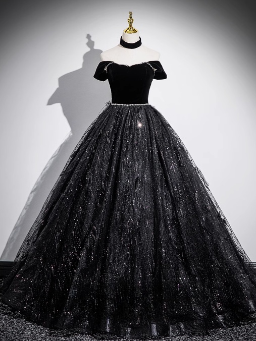 Robe de bal longue noire trapèze en velours, tulle et sequins, épaules dénudées, robe de soirée noire ED01227