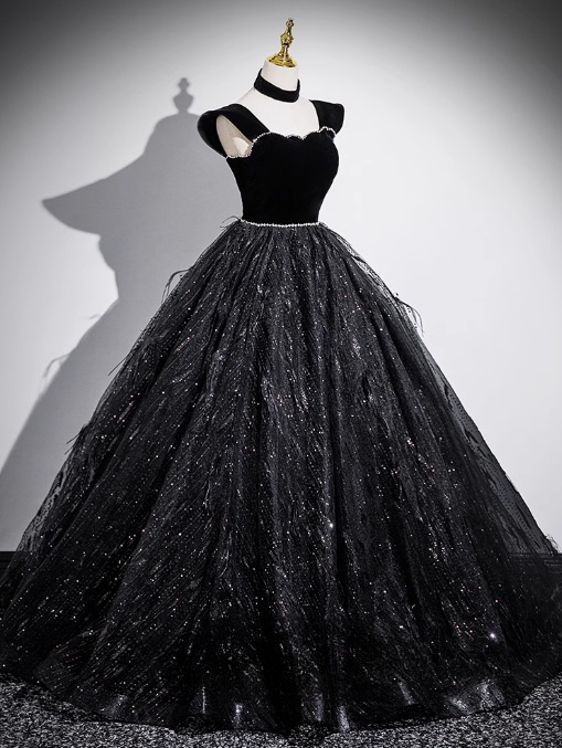 Robe de bal longue noire trapèze en velours, tulle et sequins, épaules dénudées, robe de soirée noire ED01227