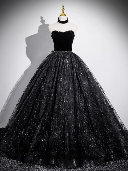 Robe de bal longue noire trapèze en velours, tulle et sequins, épaules dénudées, robe de soirée noire ED01227