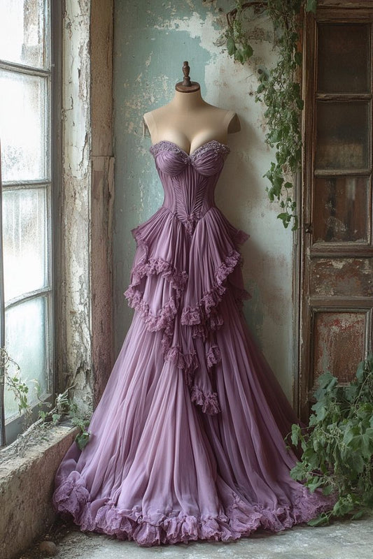 Purple A-line Sweetheart Neck Tulle Beaded Long Prom Dress, Vintage Formal Dress ED01230