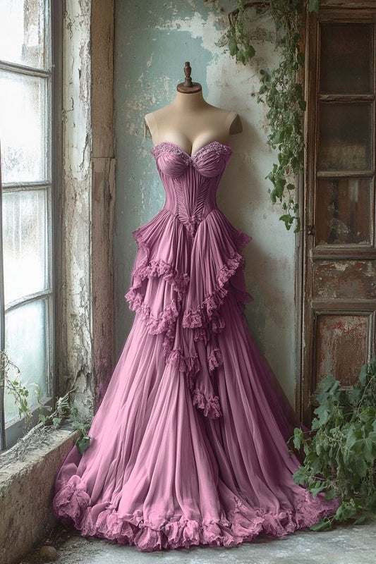 Purple A-line Sweetheart Neck Tulle Beaded Long Prom Dress, Vintage Formal Dress ED01230