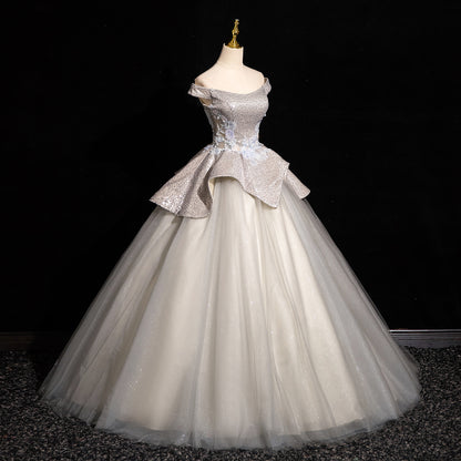 Light Grey A-line Off-shoulder Neck Sequin Tulle Long Prom Dress, Elegant Formal Dress ED01231