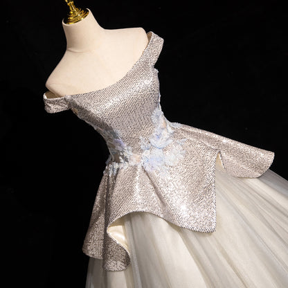 Light Grey A-line Off-shoulder Neck Sequin Tulle Long Prom Dress, Elegant Formal Dress ED01231