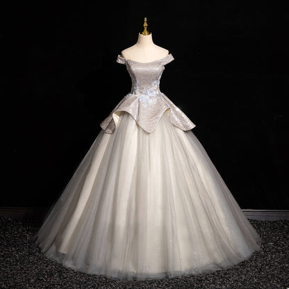 Light Grey A-line Off-shoulder Neck Sequin Tulle Long Prom Dress, Elegant Formal Dress ED01231
