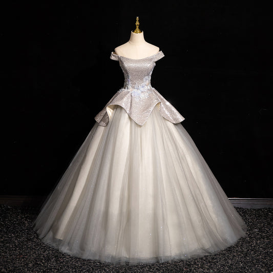 Light Grey A-line Off-shoulder Neck Sequin Tulle Long Prom Dress, Elegant Formal Dress ED01231