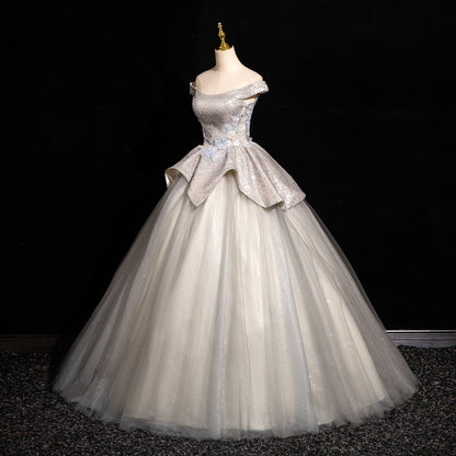 Light Grey A-line Off-shoulder Neck Sequin Tulle Long Prom Dress, Elegant Formal Dress ED01231