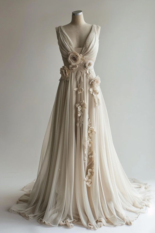 A-line V-Neck Beaded Chiffon Long Prom Dress, Vintage Applique Wedding Dress ED01234