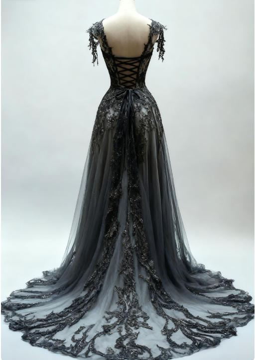 Black Appliques A-line V-neck Lace Tulle Sequin Long Prom Dress, Dark Gray Formal Evening Gowns ED01235