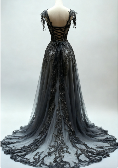 Schwarzes A-Linien-Ballkleid mit V-Ausschnitt, Spitze, Tüll und Pailletten, langes Ballkleid, dunkelgraues Abendkleid ED01235
