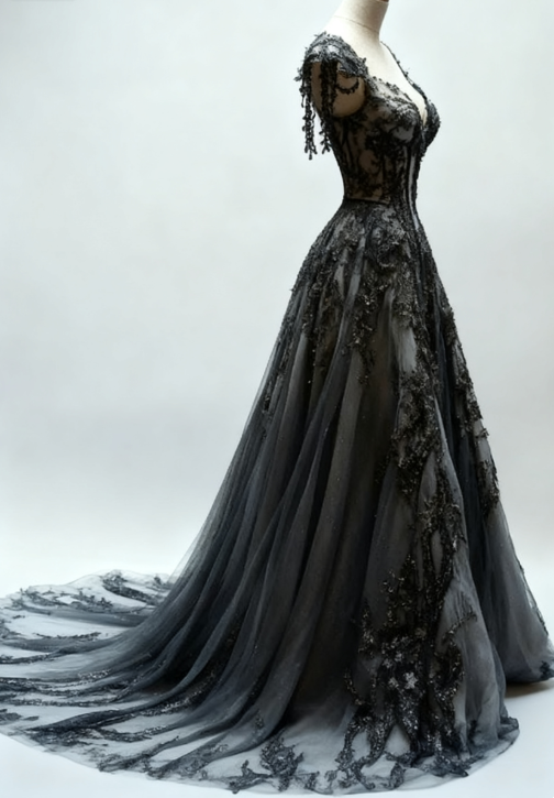 Black Appliques A-line V-neck Lace Tulle Sequin Long Prom Dress, Dark Gray Formal Evening Gowns ED01235