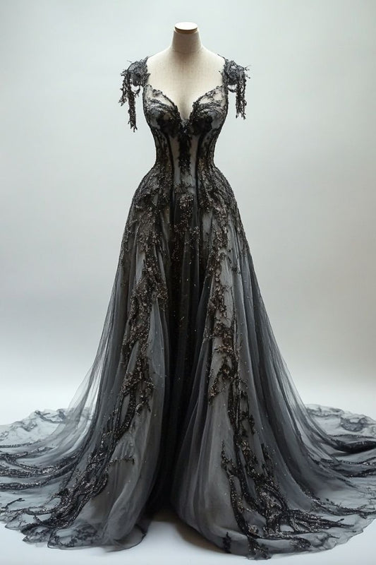 Black A-line V-neck Lace Tulle Sequin Long Prom Dress, Black Vintage Formal Dress ED01235