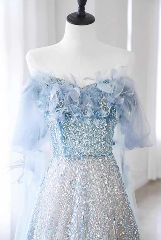 Blue A-line Off-the-shoulder Sequin Tulle Long Prom Dress, Blue Formal Dress ED01237