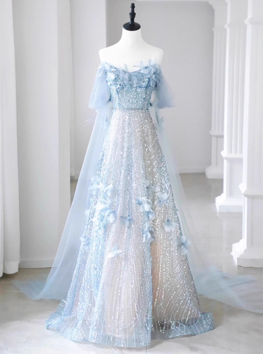 Blue A-line Off-the-shoulder Sequin Tulle Long Prom Dress, Blue Formal Dress ED01237
