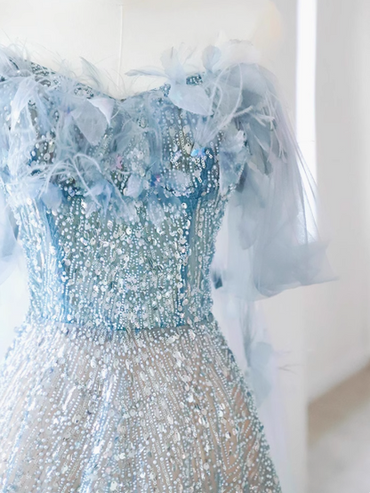 Blue A-line Off-the-shoulder Sequin Tulle Long Prom Dress, Blue Formal Dress ED01237