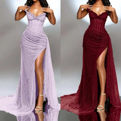 Elegant Strapless Shiny Beaded Sequin Long Prom Dresses Formal Evening Dresses With Slit ED01240