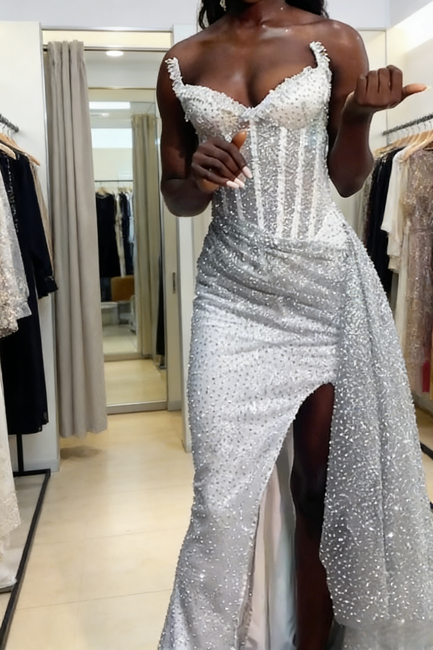 Elegant Strapless Formal Evening Dresses Shiny Beaded Sequin Long Silver-White Prom Dresses Formal Evening Dresses With Slit ED1240