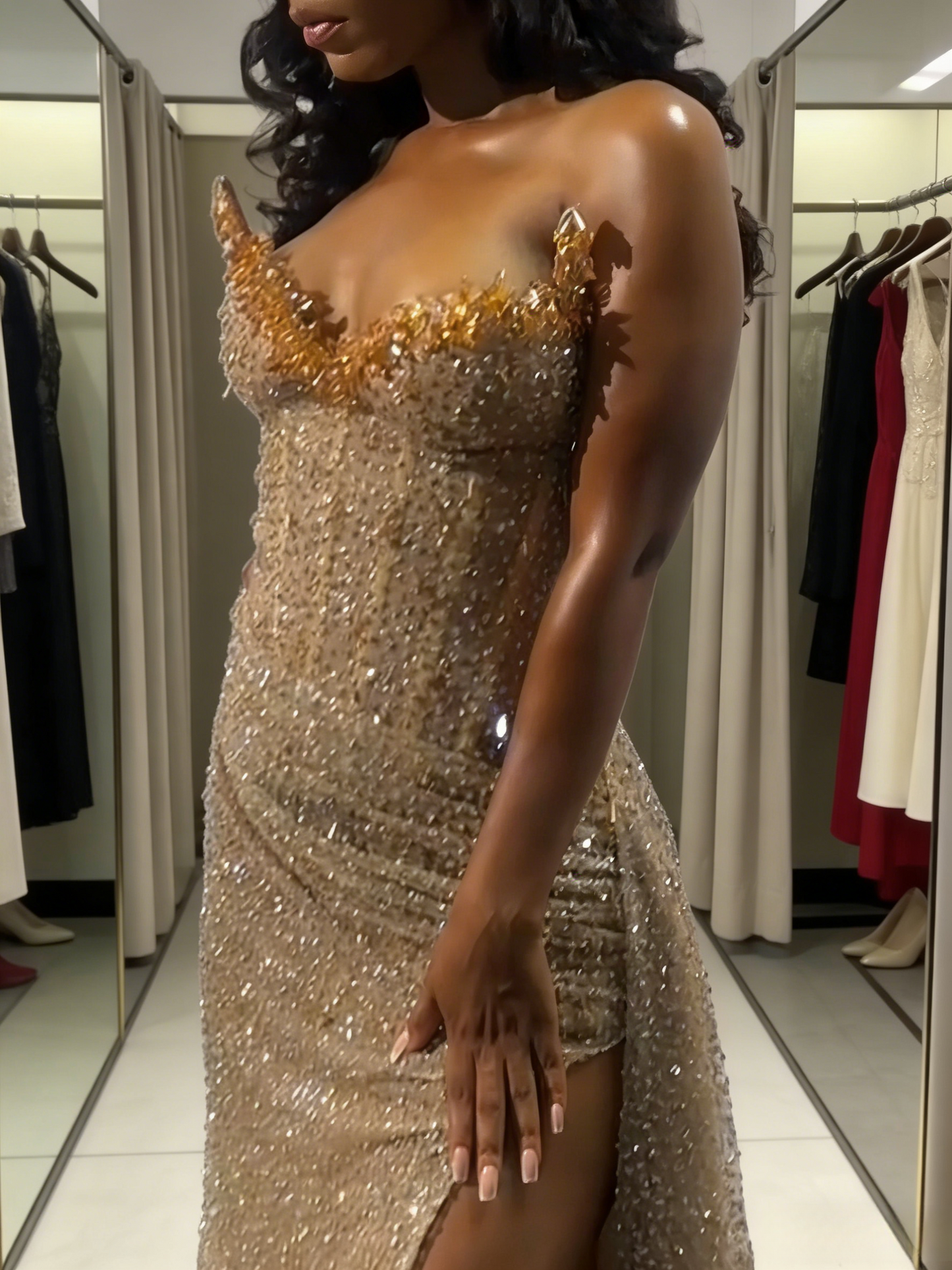Elegant Strapless Formal Evening Dresses Shiny Beaded Sequin Long Silver-White Prom Dresses Formal Evening Dresses With Slit ED1240