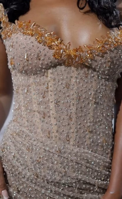 Champagne Sequin Strapless Beaded Slit Party Dress Lace-up Backless Long Prom Dress