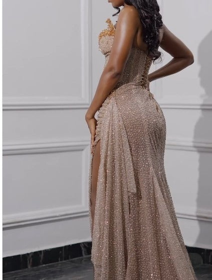 Champagne Sequin Strapless Beaded Slit Party Dress Lace-up Backless Long Prom Dress