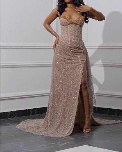 Champagne Sequin Strapless Beaded Slit Party Dress Lace-up Backless Long Prom Dress