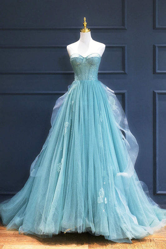 A-Line  Sweetheart neck Lace Tulle Long Formal Dress, Green Evening Dress ED01242