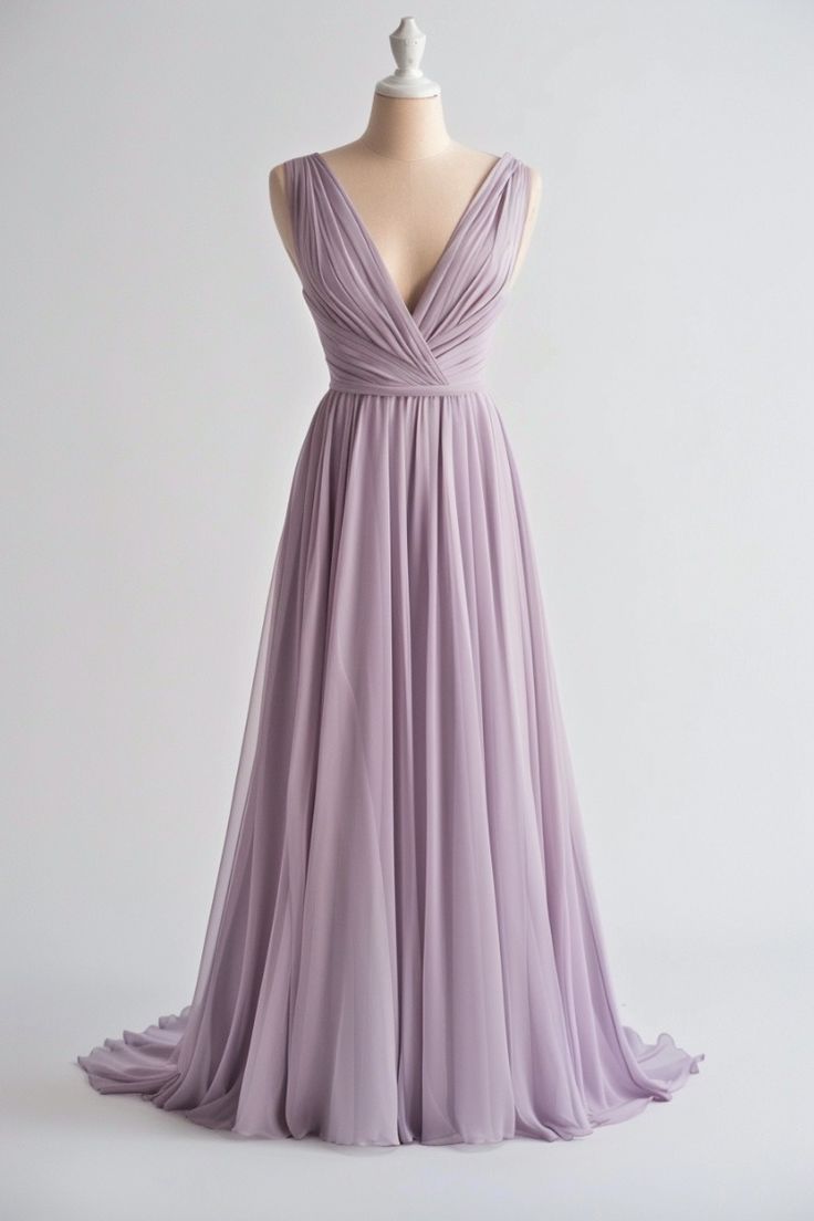 Hellviolettes A-Linien-Chiffon-Ballkleid mit V-Ausschnitt und langem Ärmel, einfaches Brautjungfernkleid ED01244