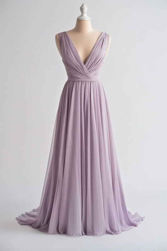 Hellviolettes A-Linien-Chiffon-Ballkleid mit V-Ausschnitt und langem Ärmel, einfaches Brautjungfernkleid ED01244