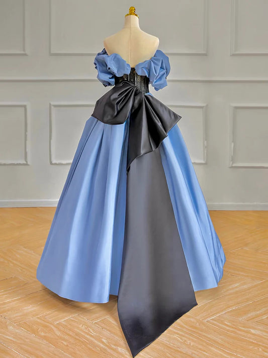 A-Line Off Shoulder Satin Blue Long Prom Dress, Blue Long Formal Dress ED01247