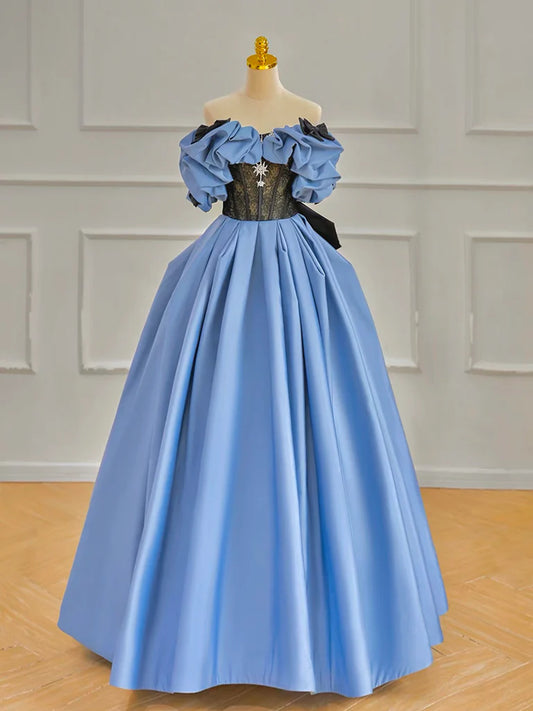 A-Line Off Shoulder Satin Blue Long Prom Dress, Blue Long Formal Dress ED01247