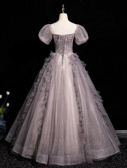 Purple A-line V-neck Tulle Sequin Long Prom Dress, Purple Formal Dress ED01249