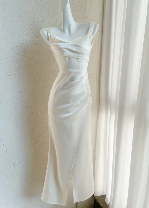 Robe de soirée en satin blanc cassé à bretelles irrégulières, robe de bal d'anniversaire ED01251
