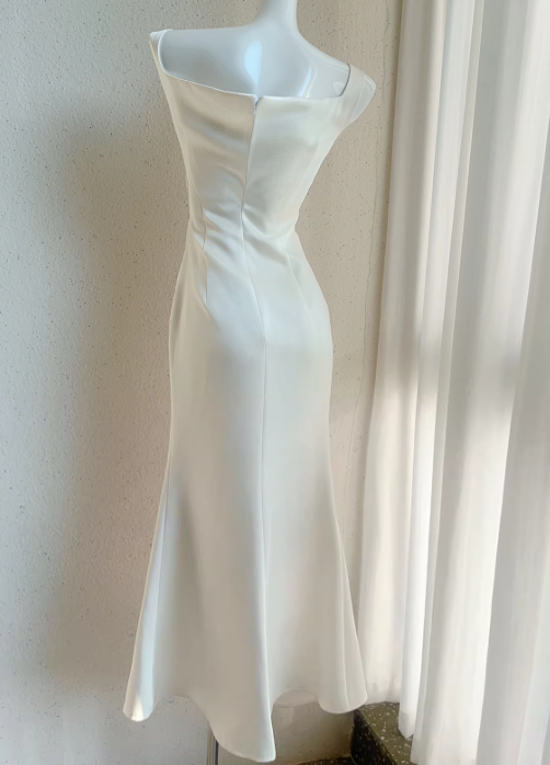 Robe de soirée en satin blanc cassé à bretelles irrégulières, robe de bal d'anniversaire ED01251