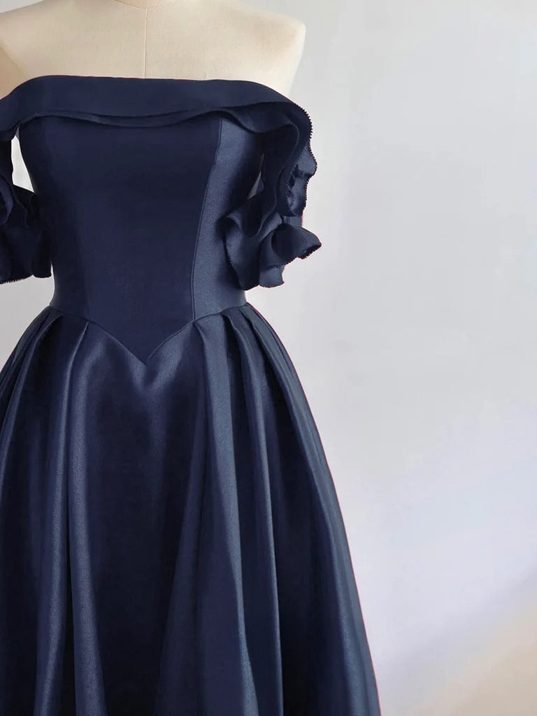 A-Line Off Shoulder Satin Dark Blue Long Prom Dress, Dark Blue Long Fo