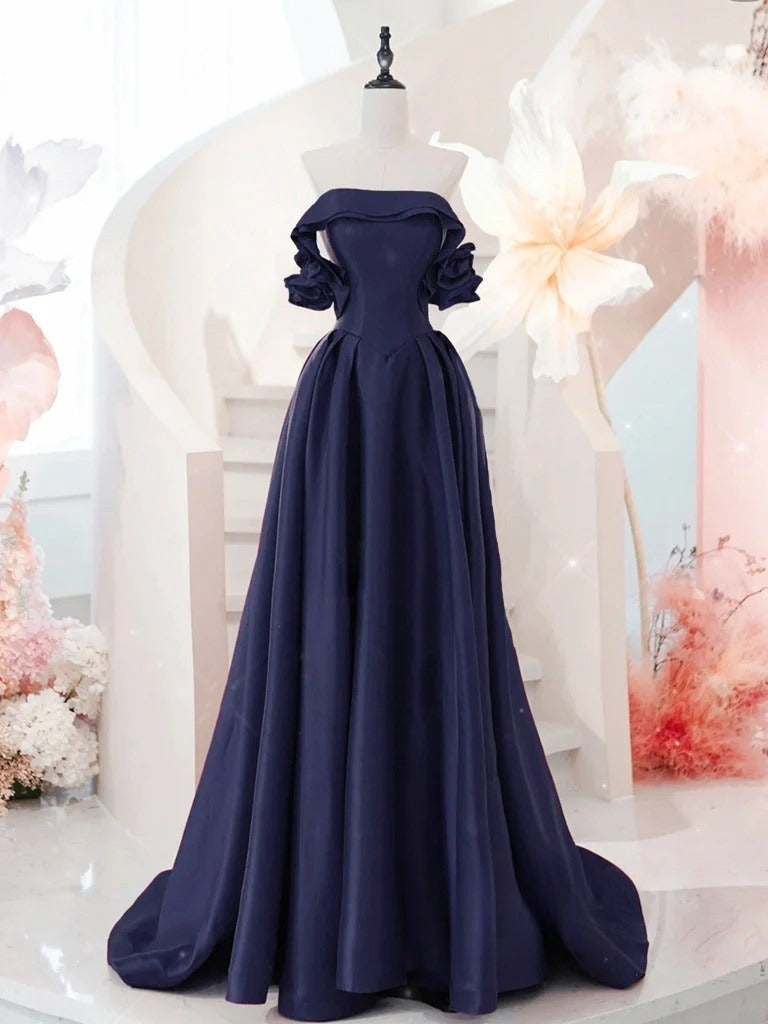A-Line Off Shoulder Satin Dark Blue Long Prom Dress, Dark Blue Long Fo