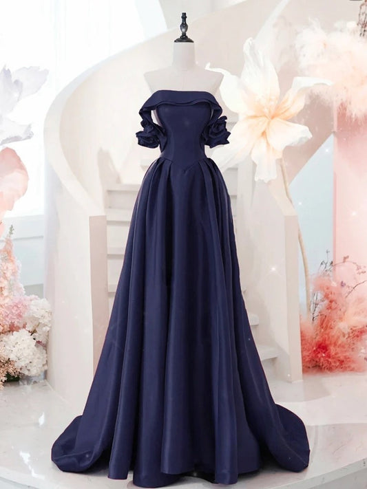 A-Line Off Shoulder Satin Dark Blue Long Prom Dress, Dark Blue Long Formal Dress ED01256