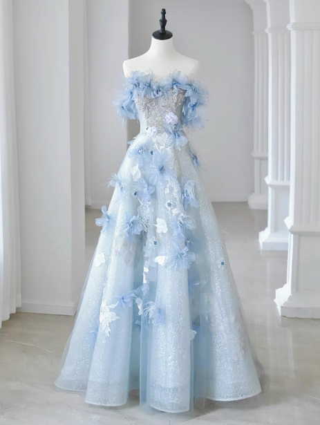 Blue A-line Off-the-shoulder Tulle Sequins Long Prom Dress, Blue Long Formal Dress ED01259