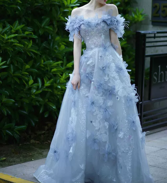 Blue A-line Off-the-shoulder Tulle Sequins Long Prom Dress, Blue Long Formal Dress ED01259