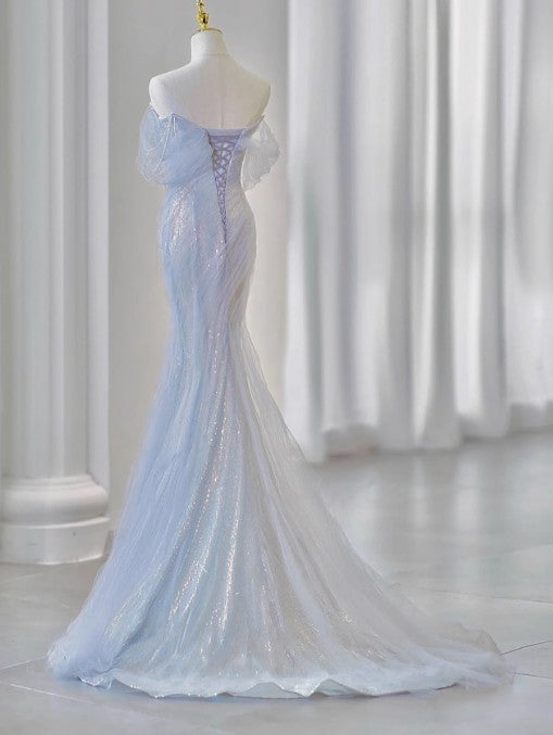 Purple Sweetheart Sequin Mermaid Gown Beaded Long Prom Dress Tulle Train Evening Gown
