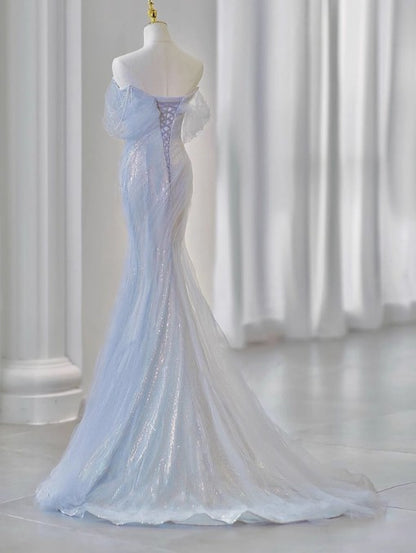 Purple Sweetheart Sequin Mermaid Gown Beaded Long Prom Dress Tulle Train Evening Gown