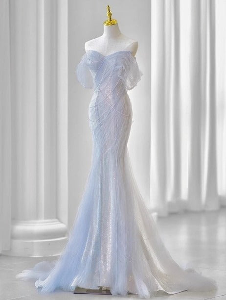 Purple Sweetheart Sequin Mermaid Gown Beaded Long Prom Dress Tulle Train Evening Gown
