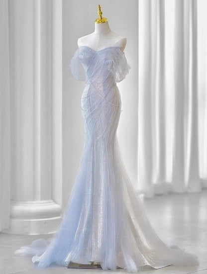 Purple Sweetheart Sequin Mermaid Gown Beaded Long Prom Dress Tulle Train Evening Gown