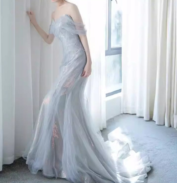 Purple Sweetheart Sequin Mermaid Gown Beaded Long Prom Dress Tulle Train Evening Gown