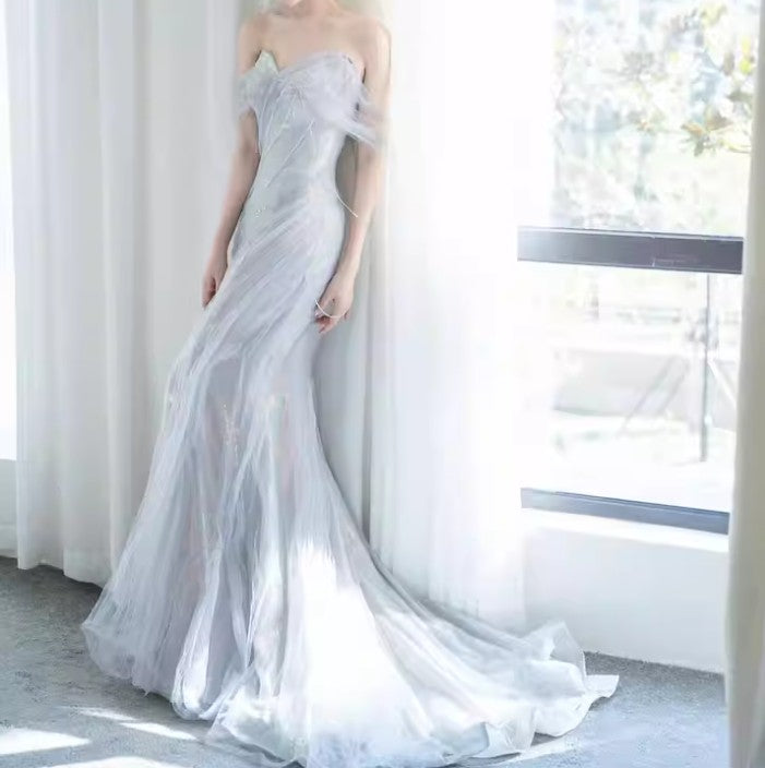 Purple Sweetheart Sequin Mermaid Gown Beaded Long Prom Dress Tulle Train Evening Gown