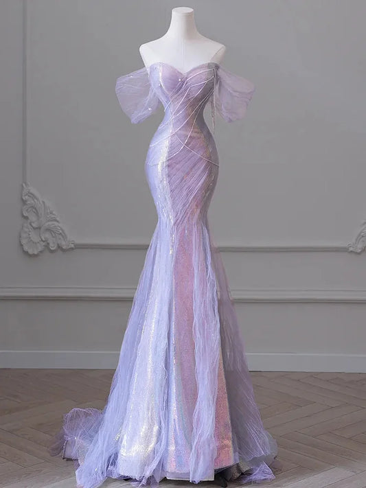 Purple Sweetheart Sequin Mermaid Gown Beaded Long Prom Dress Tulle Train Evening Gown
