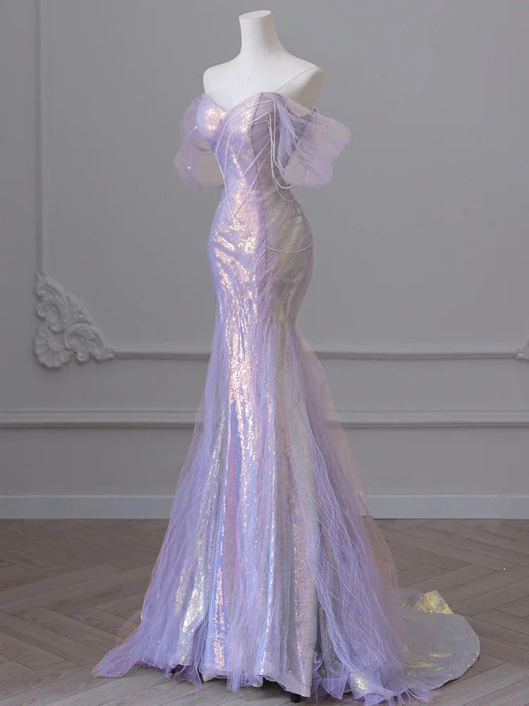 Purple Sweetheart Sequin Mermaid Gown Beaded Long Prom Dress Tulle Train Evening Gown