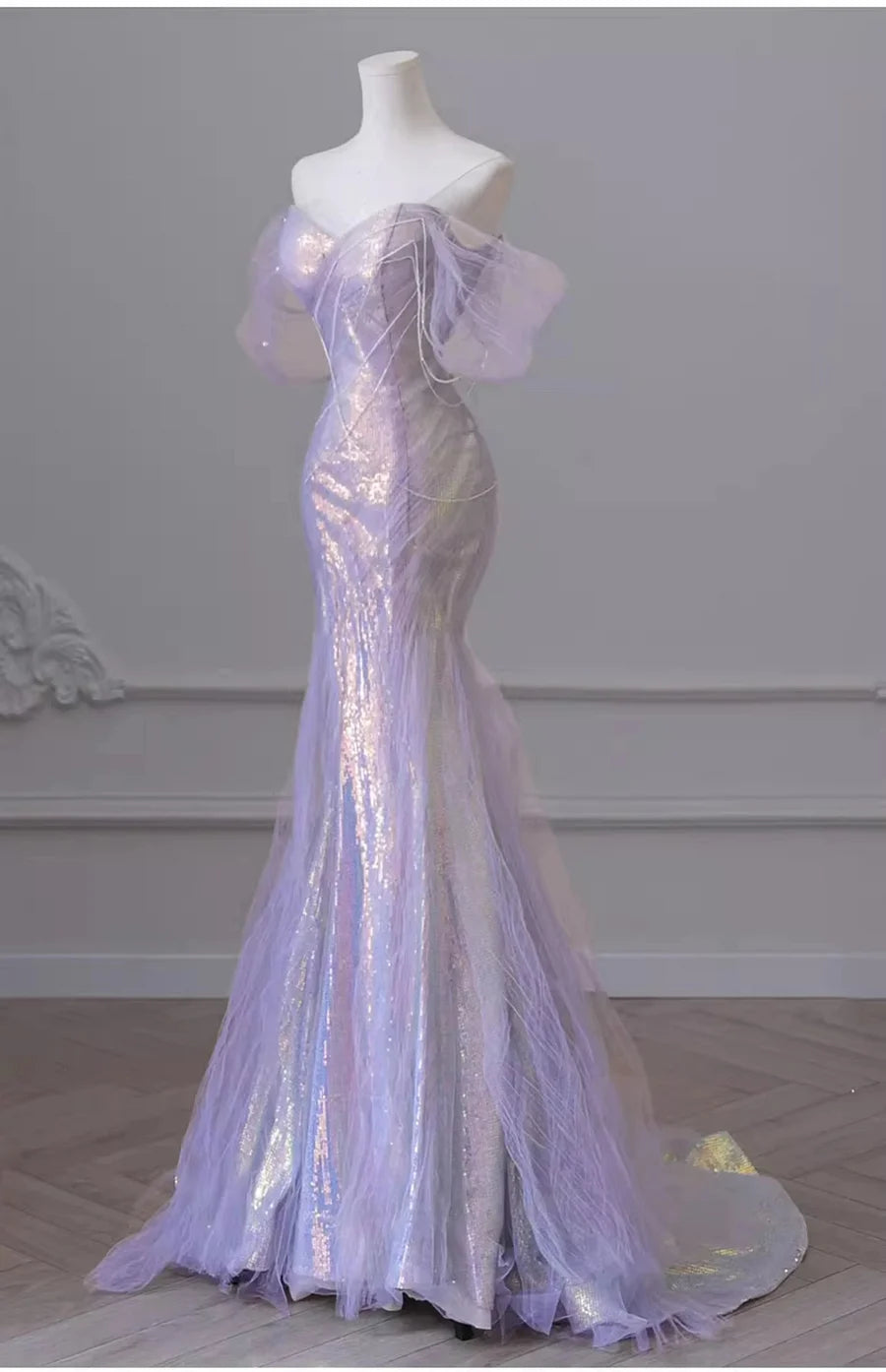 Purple Sweetheart Sequin Mermaid Gown Beaded Long Prom Dress Tulle Train Evening Gown