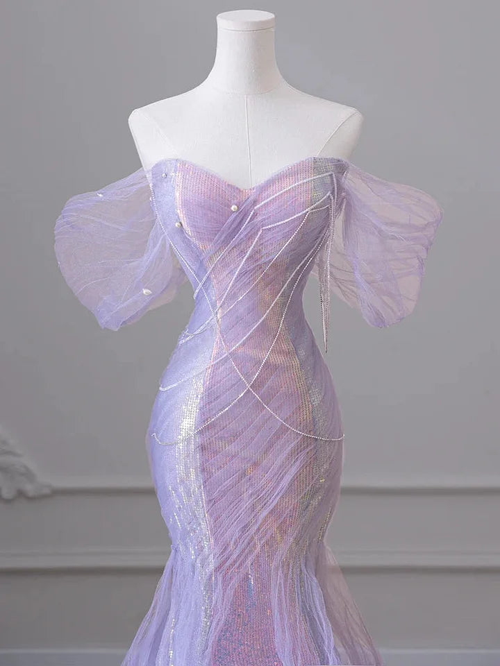 Purple Sweetheart Sequin Mermaid Gown Beaded Long Prom Dress Tulle Train Evening Gown